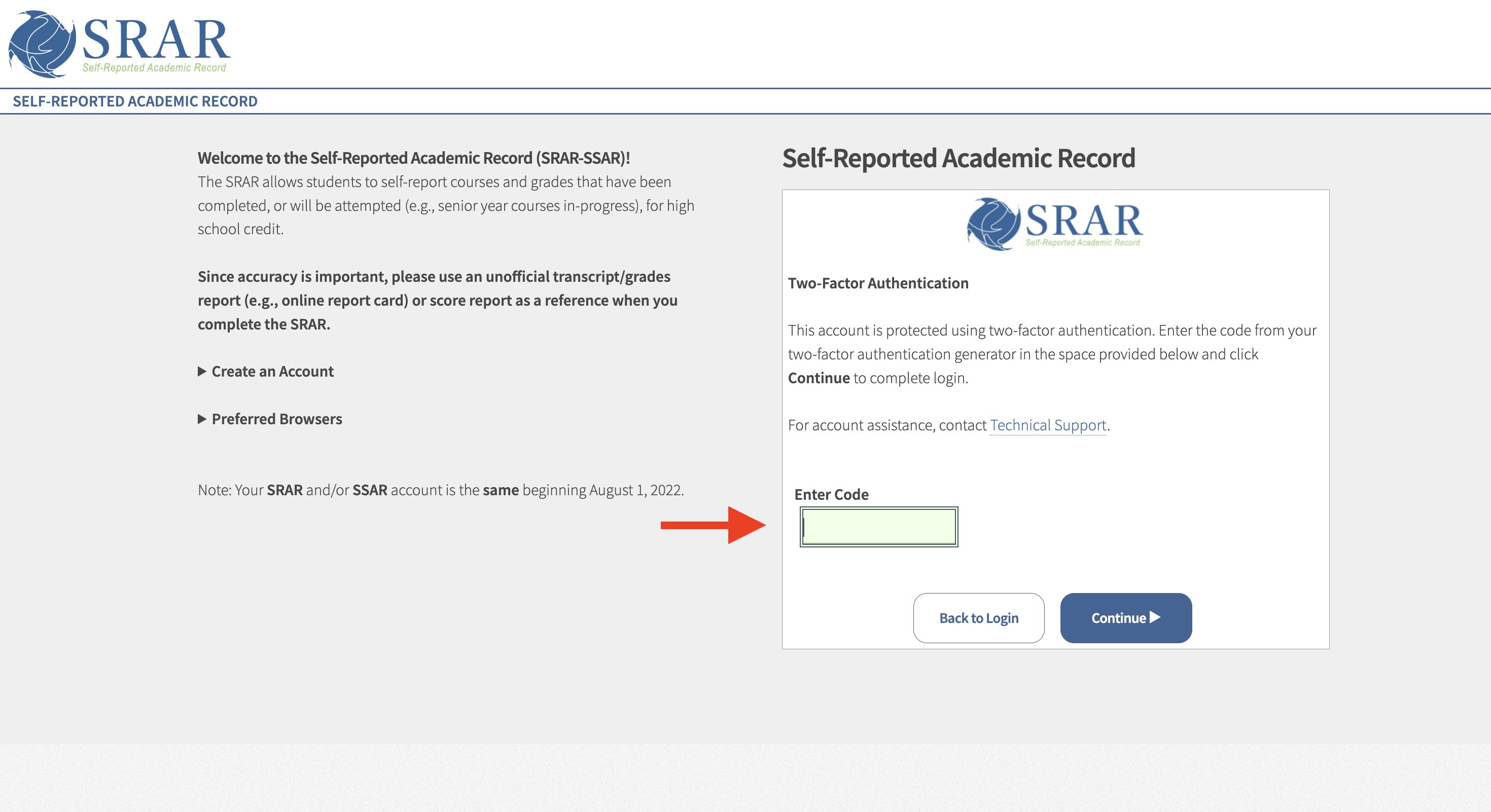 How do I log in to my SRAR/SSAR account with two-factor authentication enabled?